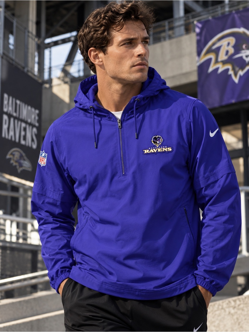 Nike Baltimore Ravens NFL Hooded 1/2 Zip Pullover Jacket Purple Youth Size L